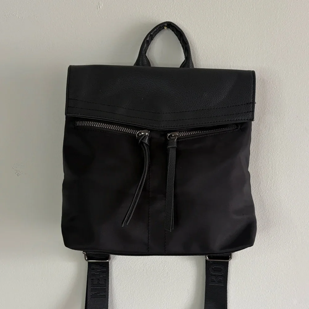 Botkier Nylon Backpack Black Minimalist‎ Logo Strap Leather Trim
